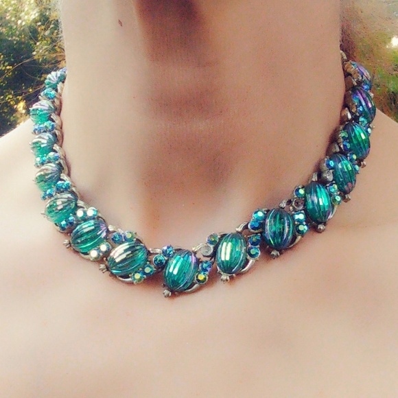 Vintage Coro Peacock AB Melon Glass Necklace & Earrings Set - Picture 2 of 8